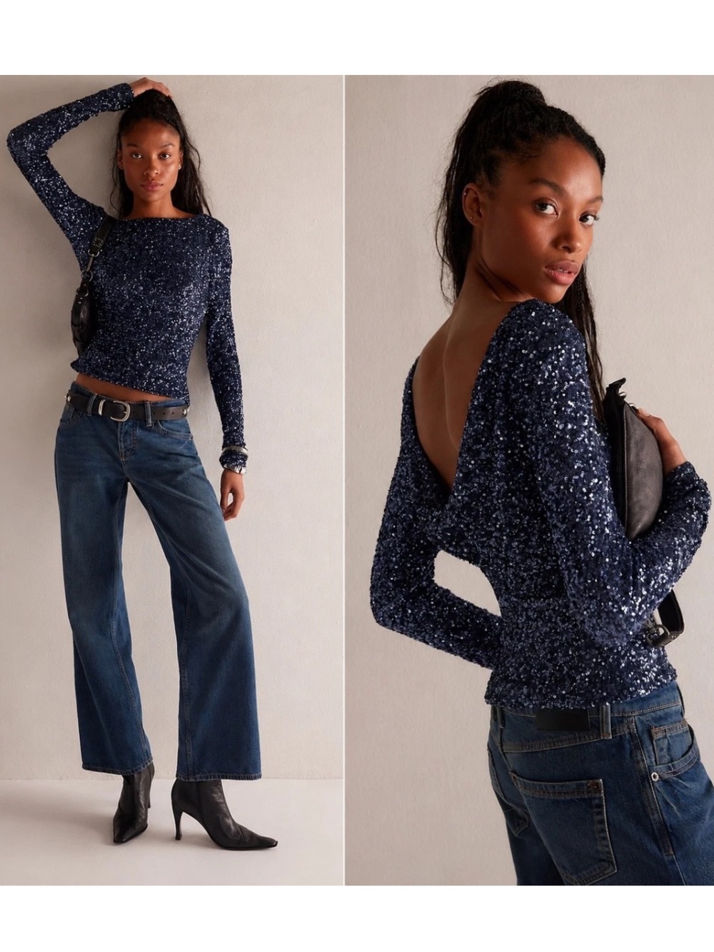 Free People | Women's Navy Blue Leading The Way Sequin Long-Sleeve Top Size XS - Picture 16 of 16